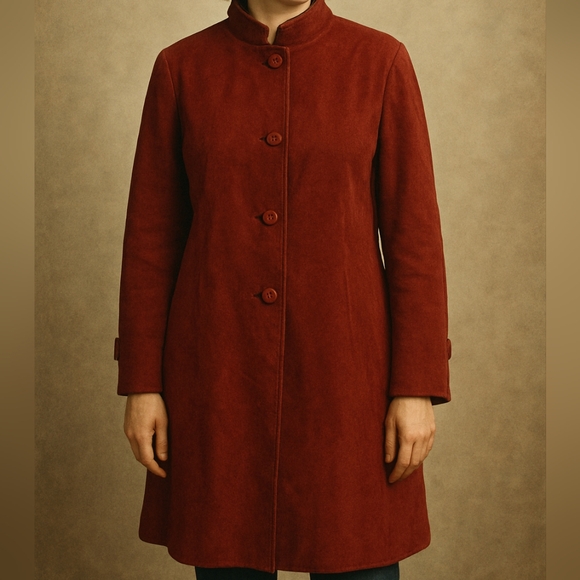 Faux Suede 1970s Vintage Long Red Coat Miss Style Of Course Size Medium - Picture 1 of 5